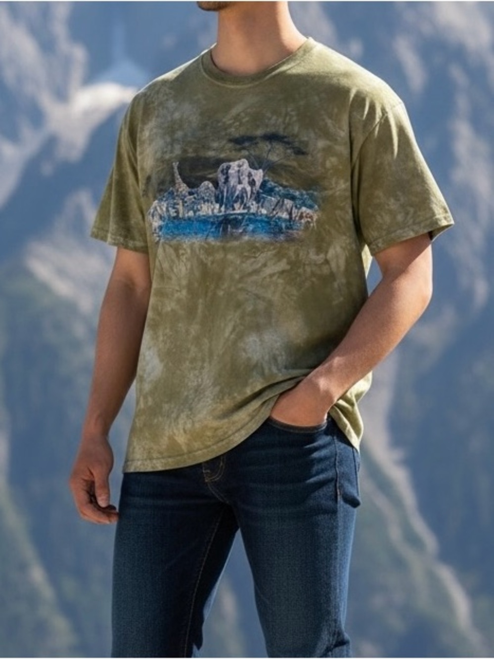 The Mountain Safari T-Shirt Men’s XL Green Acid Dye Cotton Elephant Zebra Casual